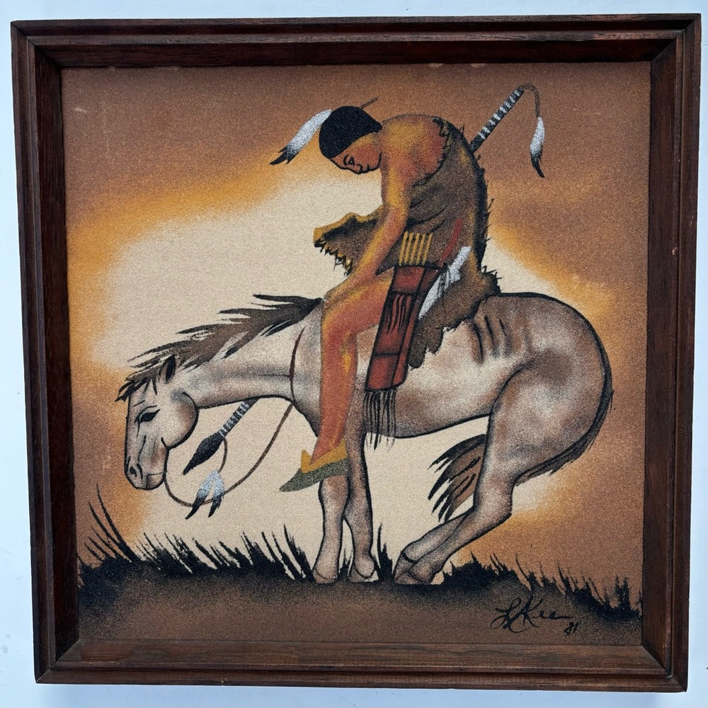 VTG SIGNED 1981 The end of the trail sand painting Navajo Larraine Ahee 13X13”